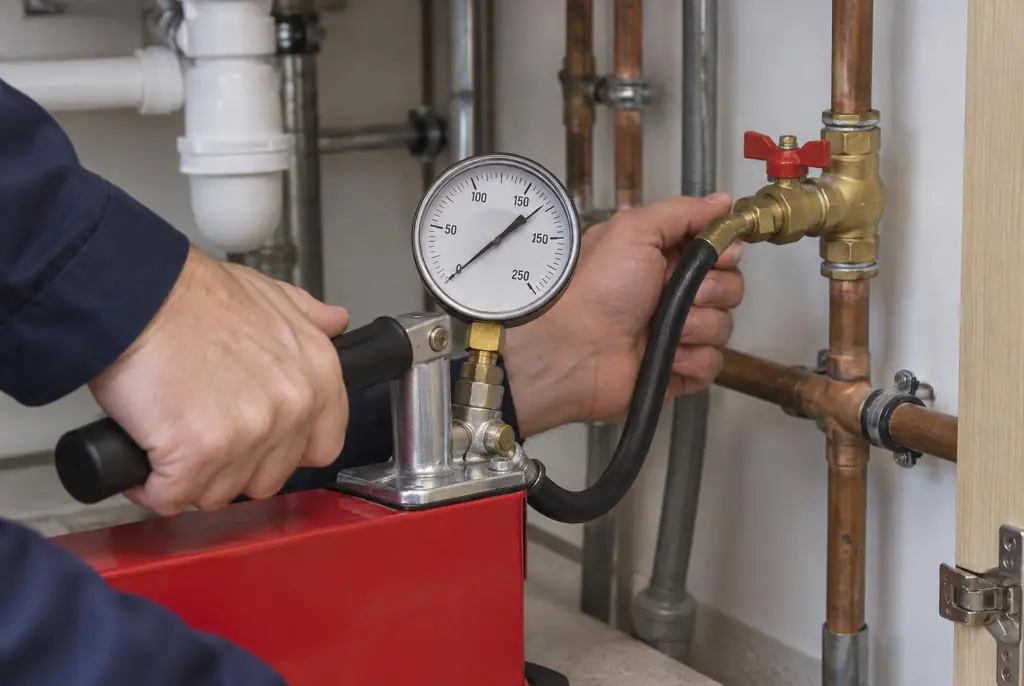 Lekdetectie Schiphol – druktest op een waterleiding met een manometer