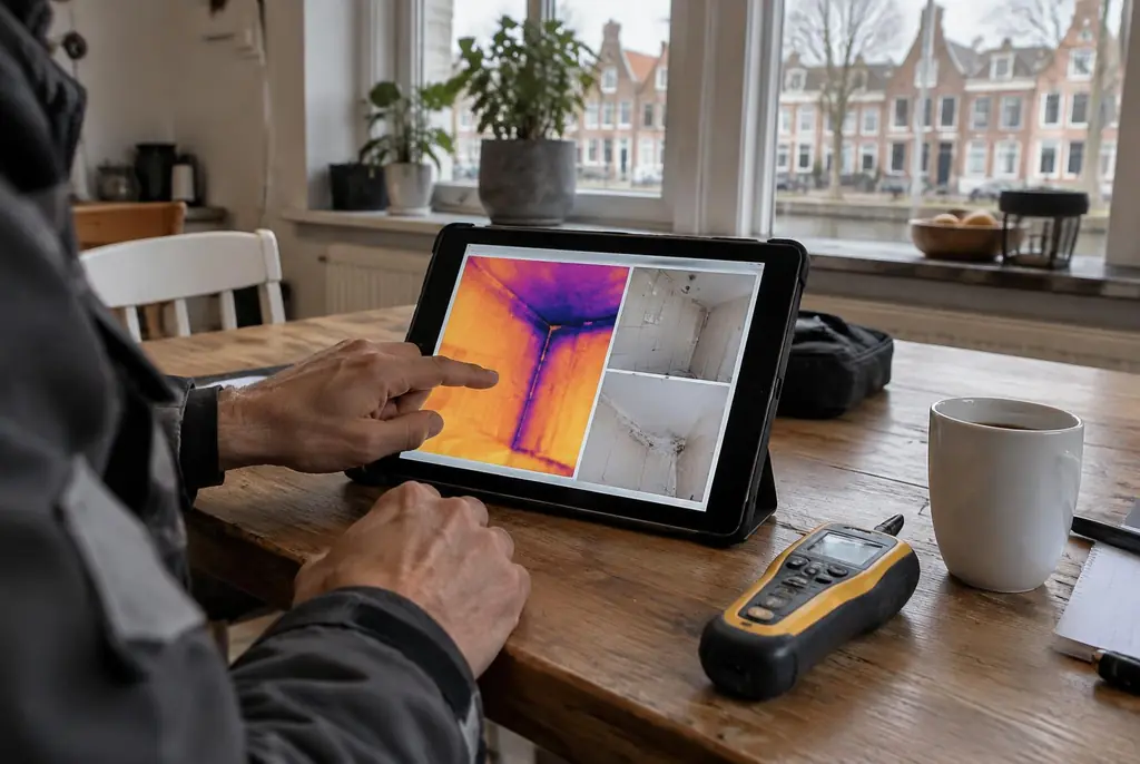 Lekdetectie Schiphol – lekdetectierapport met warmtebeelden en foto's op een tablet