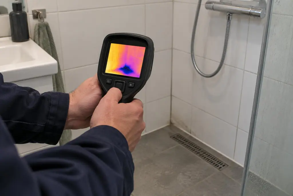 Lekdetectie Schiphol – lekdetectiespecialist met warmtebeeldcamera in een badkamer