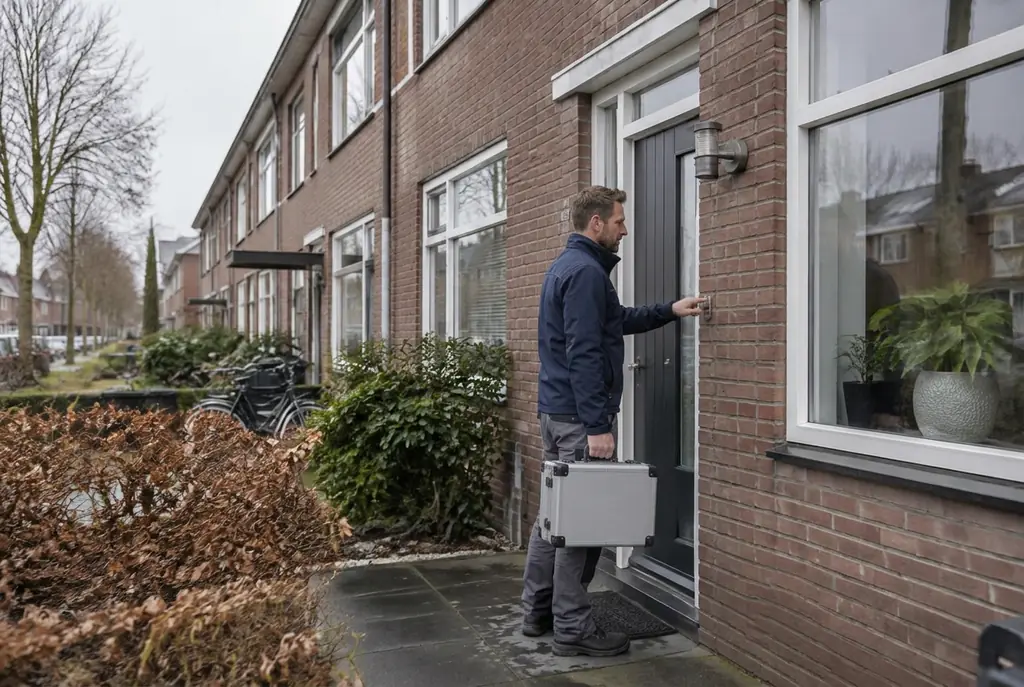 Lekdetectiespecialist met meetkoffer bij de voordeur van een woning in Schiphol